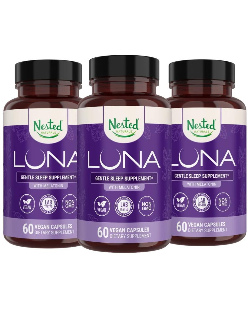 Nested Naturals Luna Bylinný spánkový dodatek s melatonin, Valerian Root, Heřmánek 124; 180 Vegan Kapsle (3- Pack) - 60 Kapsle na láhev