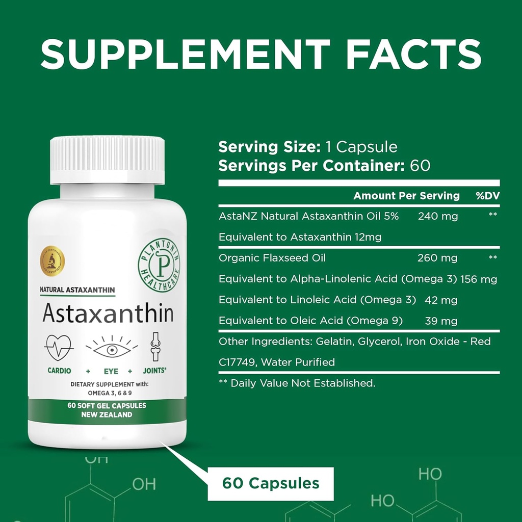 Nový Zéland - Astaxanthin 12 mg z mikrořas Haematococcus Pluvialis - 60 Soft Gels - GMO & Gluten Free - Antioxidant - Podporuje společnou mobilitu a po cvičení zotavení, kůže a oční zdraví