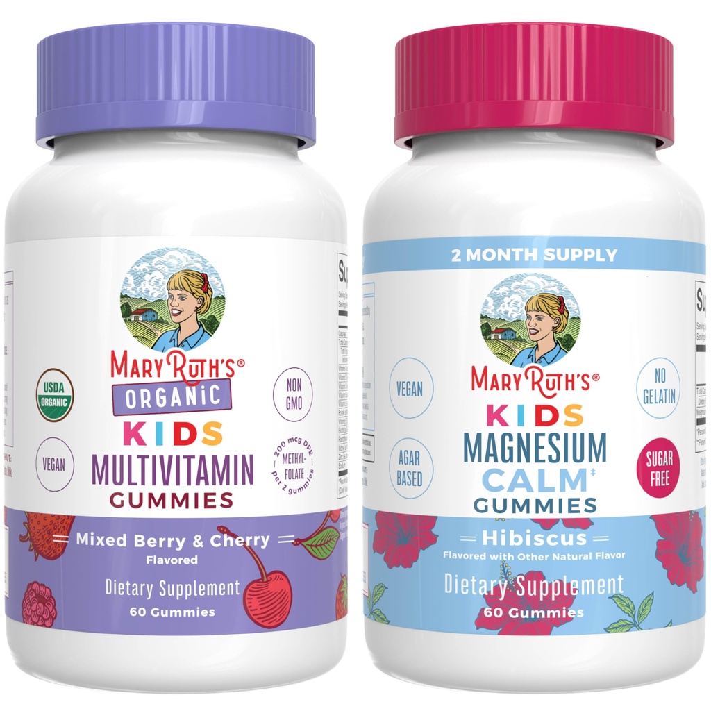 MaryRuth 's Gummies for Kids- USDA Organic Multivitamin (Mixed Berry & Cherry), & Magnesium Calm (Hibiscus) Yellow 124; No Gelatin! Yellow 124; Vitaminy pro imunitu, Gut Health, & Celkově Wellness Yellow 124; Vegan, Non- GMO