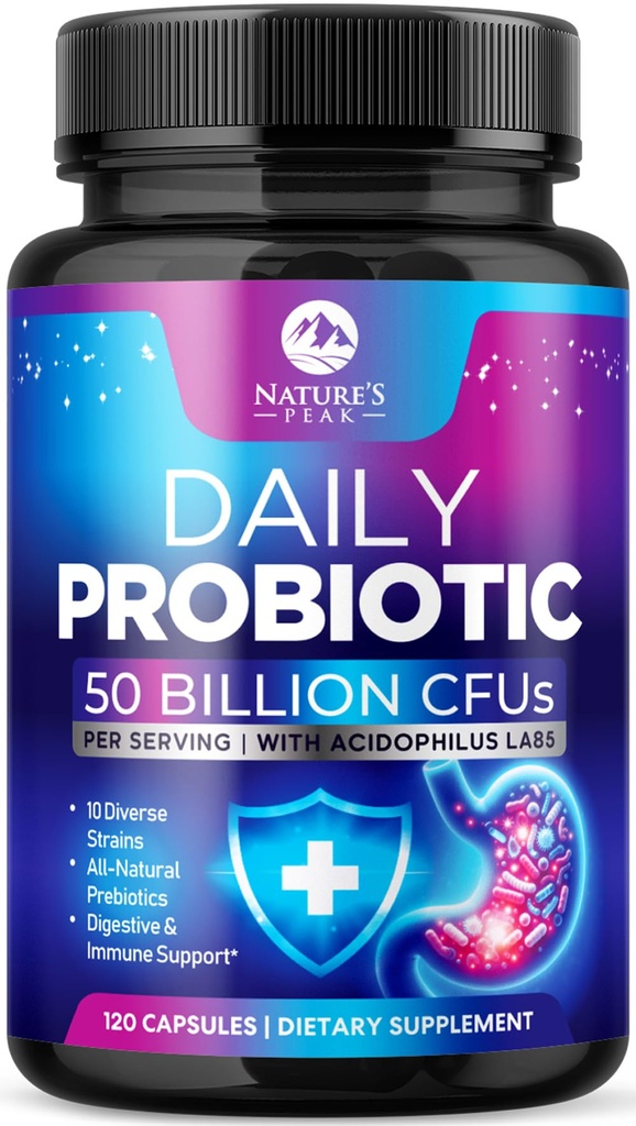 Probiotika 60 miliard CFU - 10 proužek + trávicí enzymy & Prebiotika - Nejlepší Probiotika pro ženy a muže, Podporuje imunitní, Gut zdraví, Okusní zácpa, Průjem, Plyn & Floating - 120 Kapsle