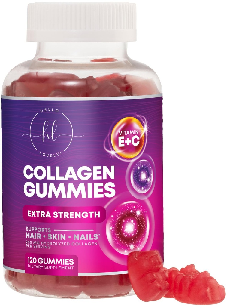 Kolagen Peptides Gummies s 2500 mcg Biotin - Hydrolyzovaný protein typu I & III Multi kolagen dodatek s vitaminem C & zinek - Podpora pro vlasy, kůže, nehty, chutné Granátové ochucení - 120 Gumy