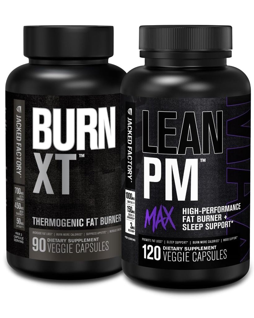Jacked Factory Burn XT termogenní spalovač tuků - Appetite Conpressant & Nootropic Energy Booster (90 Kapsle) & Lean PM Max high- Performance Weight Loss, Podpora spánku 124; (120 Kapsle)