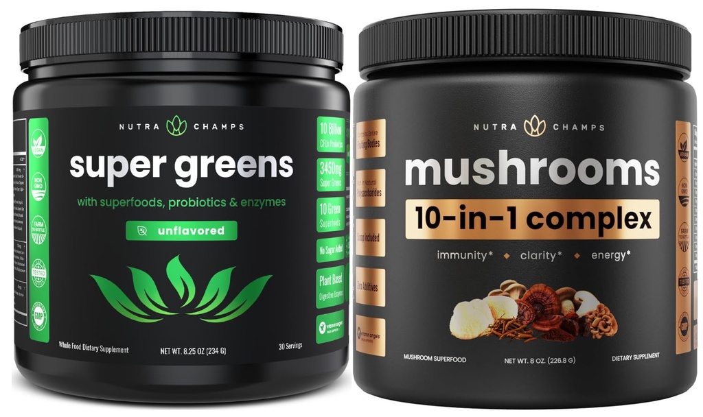 NutraChamps Super Zelené Neochucené & Super Houby: Ultimate Brain, Gut & Body Boost