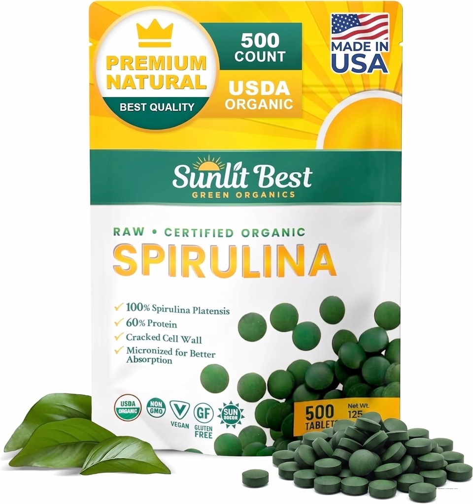 Sunlit Nejlepší Spirulina Tablety - Organic Spirulina Tablety USDA Premium 500 Počet - Přírodní Spirulinas Organic Burst pro imunitní podporu růst svalů, Energy Boost w / Chlorofyl - Vysoký protein, Non GMO