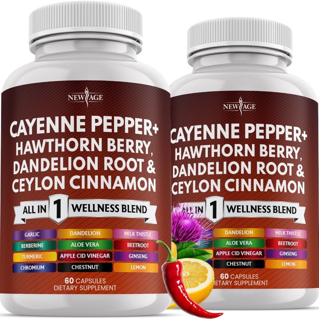 NEW AGE Cayenne Pepper Capsules Supplement with Hawthorn Berry, Dandelion Root, Ceylon Cinnamon, Garlic, Ginger, ACV, Milk Thistle, Beet Root, Aloe Vera - 120 Count