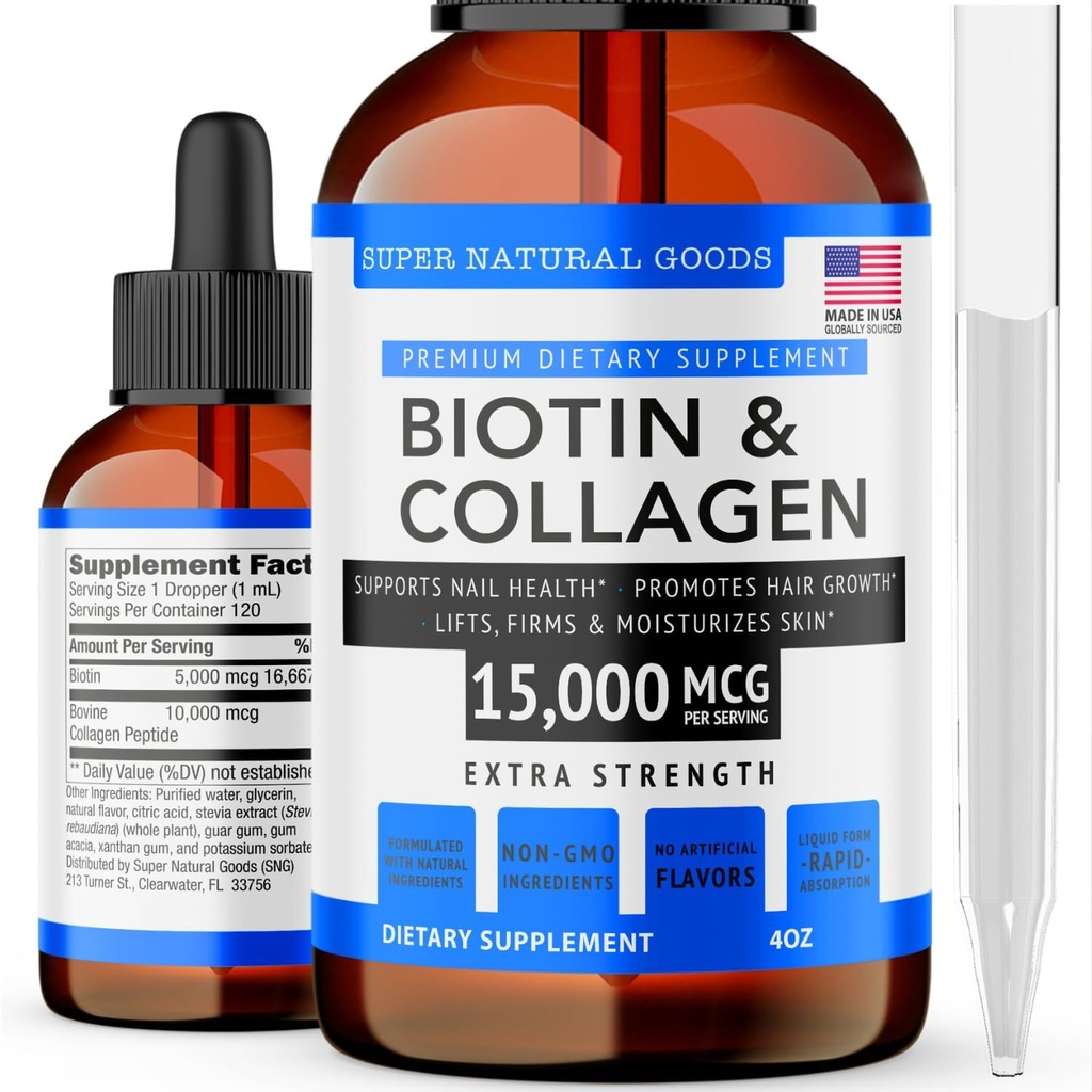 Super Natural Goods Biotin & Collagen Vitamíny - Hair Loss, Gut Health, Anti- Aging, Skin Care & Nails - Made in USA, Non- GMO & Cruelty Free (4 Ounce- 15,000mcg)