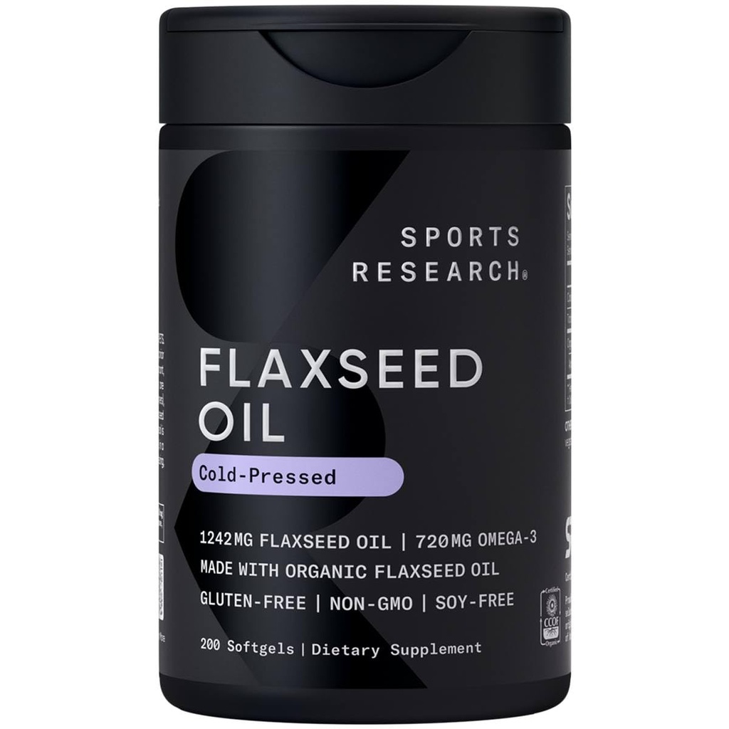 Sportovní výzkum Flaxseed Oil Softgels 1242mg - Omega 3 dodatek pro ženy a muže - Non- GMO ověřený, Soy & gluten zdarma (200 Počet)