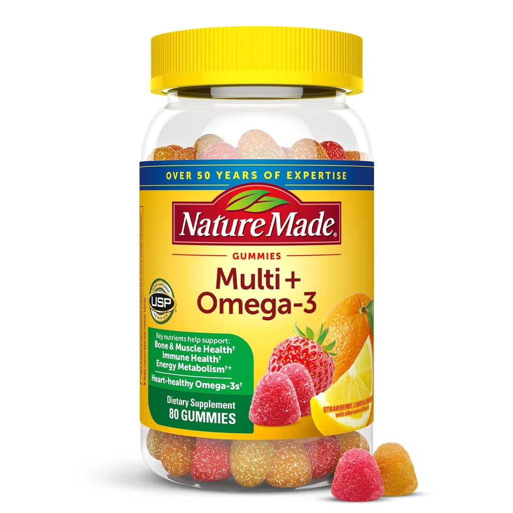 Nature Made Multivitamin + Omega-3, Multivitaminové žvýkačky pro ženy a muže, Denní nutriční podpora, 80 Dospělé Gummy Vitamíny & Minerály, 40 Den Dodávka