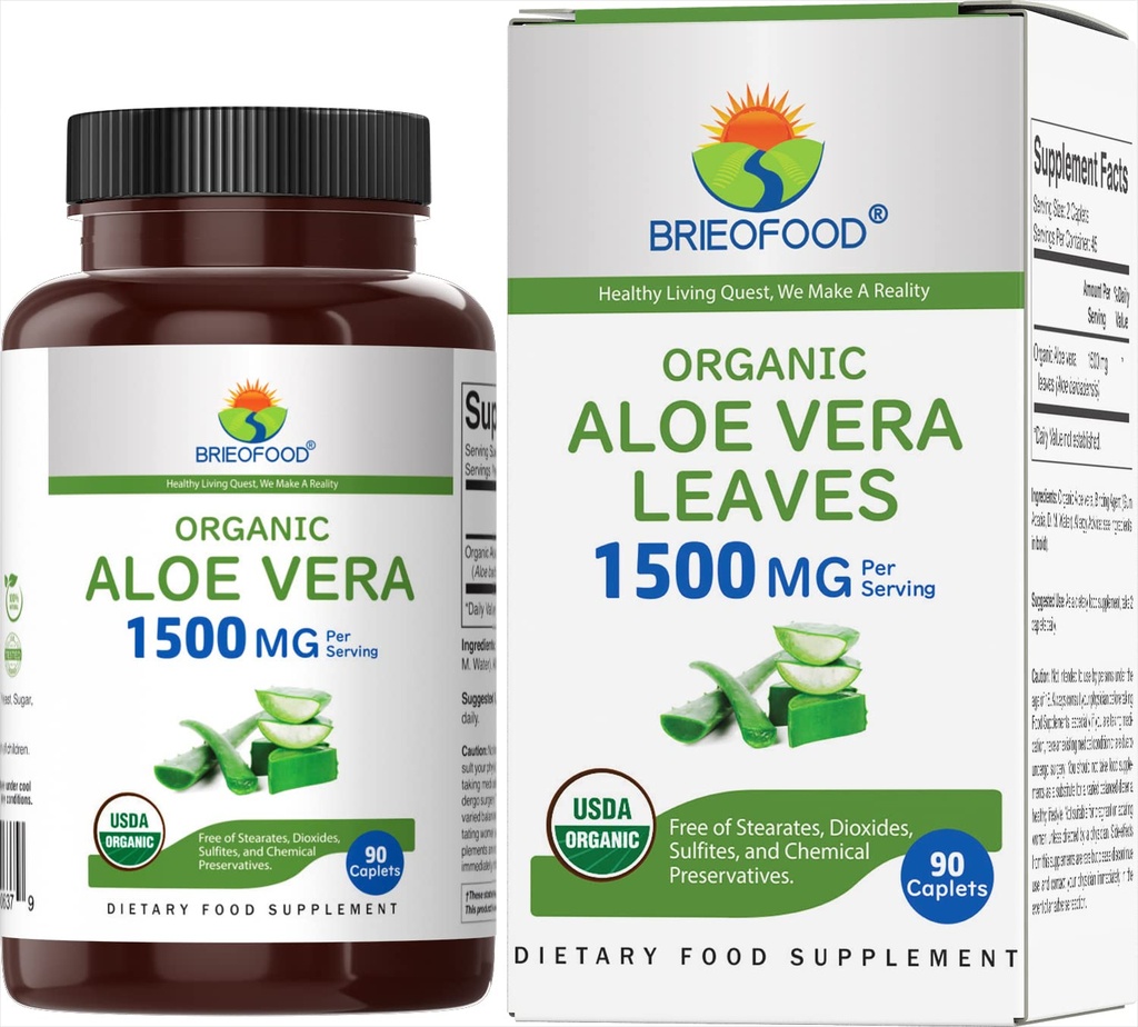 Brieofood Organic Aloe Vera 1500mg, 45 Servings, Vegetarian, Gluten Free, 90 Vegetariánských tablet