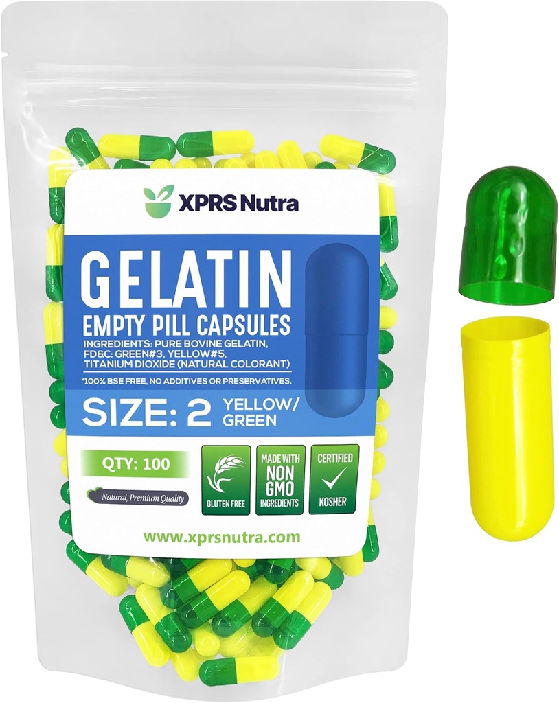 XPRS Nutra Velikost 2 Prázdné kapsle - 100 Počet prázdných želatiny Kapsle - Prášky DIY Kapsle Náplň - Čisté Bovine Pill Gel Caps pro Do- It- Vaše vlastní doplňky (Zelená / Žlutá)