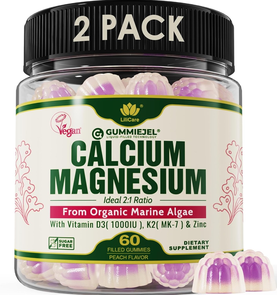 2 Pack - Rostlinné vápníkové gumy 600 mg s vitaminem D3 K2, hořčík, zinek pro sílu kostí, bezcukerné vápníkové doplňky pro ženy a muže (certifikovaný Vegan) z udržitelně organické červené řasy