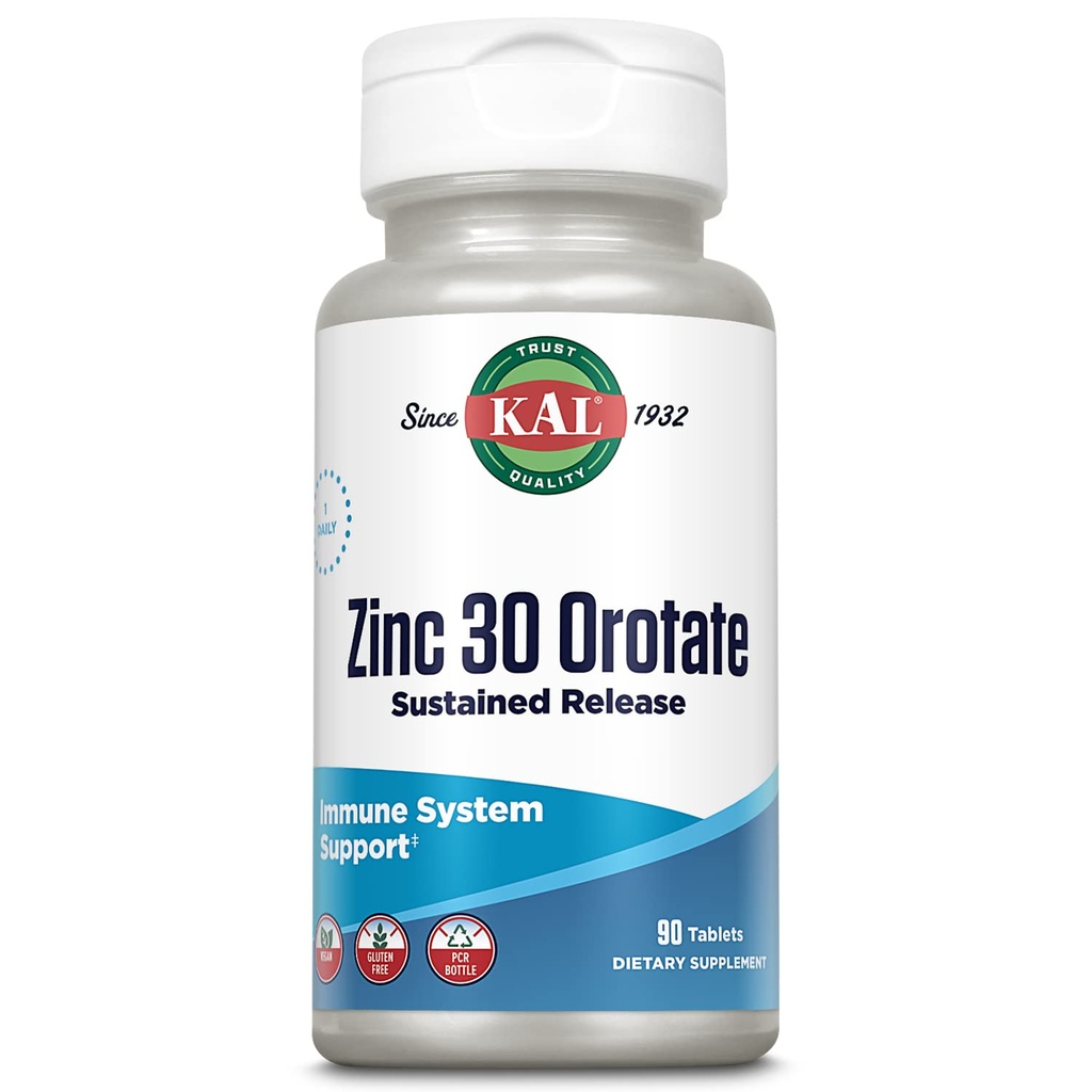 Kal Zink Orotate 30mg, Setrvalá verze, Chelated Zink Tablety, Imunitní Supplement, Syntéza proteinů, Metabolismus, Energetická podpora, Vegan, Gluten Free, 60- Day Garance, 90 Servings, 90 Tablety