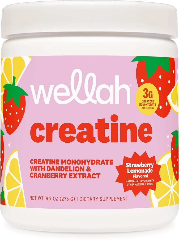 Wellah Creatine for Women - Creatine Monohydrát s výtažkem Dandelion & Cranberry (50 Služeb, Jahodová limonáda)