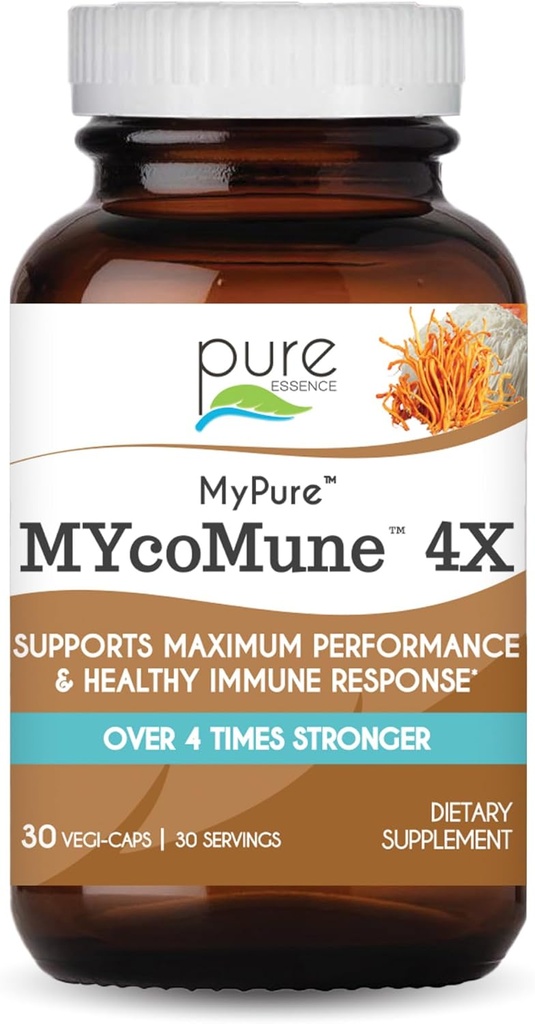 MycoMune 4X Organic Houbový dodatek - Reishi, Lion 's Mane, Cordyceps, Chaga, Shiitake, Maitake pro imunitní systém, Combat Stress, Build Energy by Pure Essence - 30 Caps