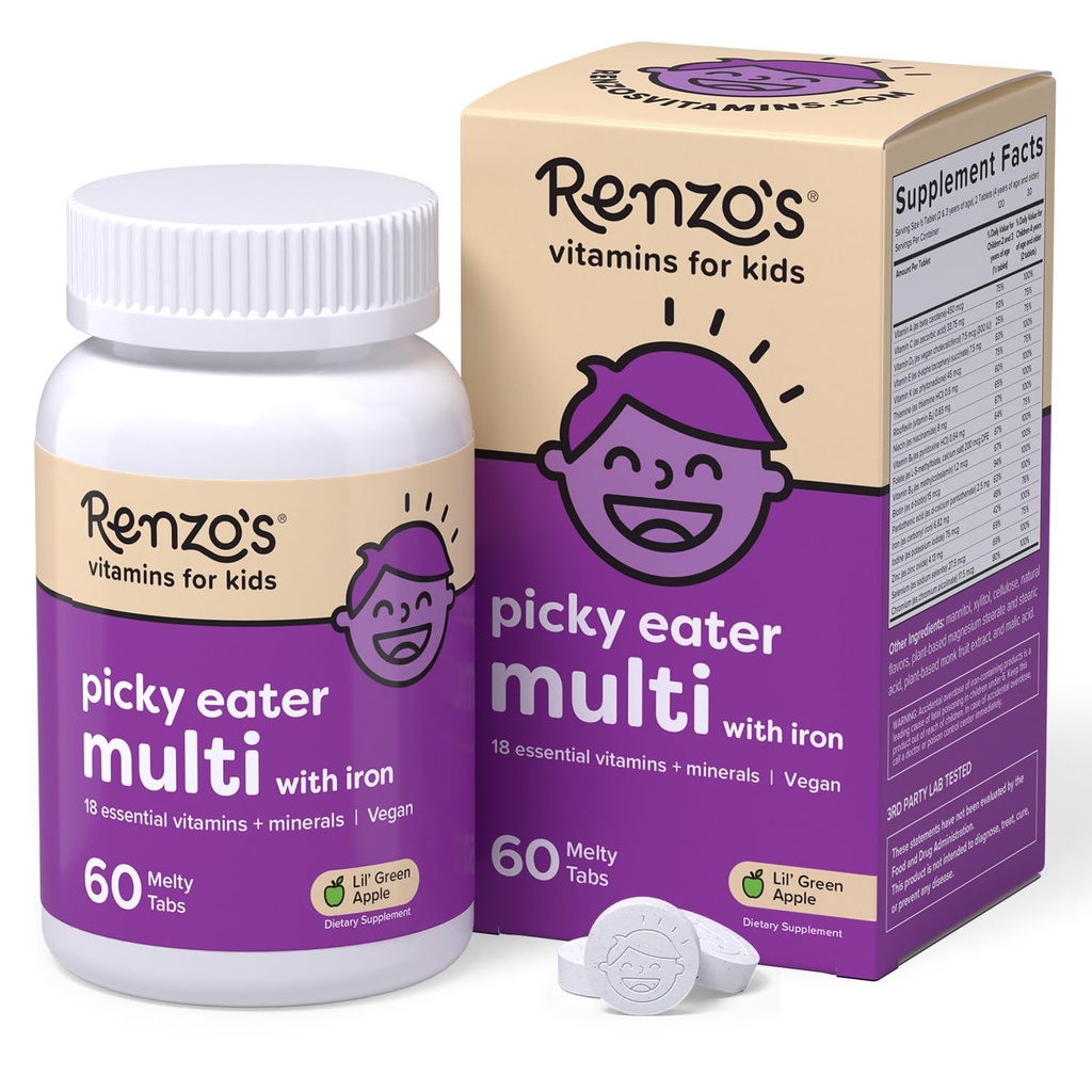 Renzo 's Picky Eater Kids Multivitamin s železem - Rozpustné dětské vitamíny se železem, zinek, vitamin C, vitamin D, E & K, Sugar- Free Melty Tabs, Green Apple Flavor, 60- Count (1-2 Month Supply)