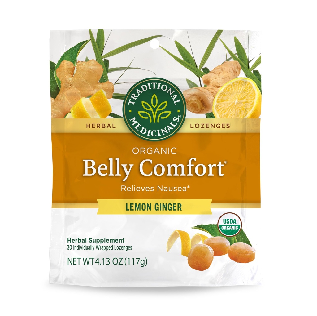 Tradiční léky, Organic Belly Comfort Lozenges Lemon Ginger, Relieves Nausea, 30 Individuálně zabalené Lozenges