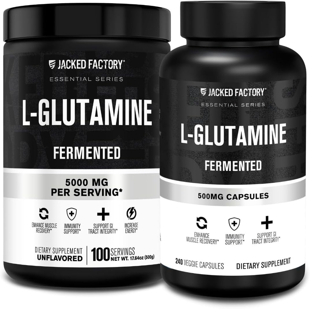 Jacked Factory L- glutamin Powder 100 Servings & L- glutamin Kapsle 500mg (240 Kapsle) pro Post Workout Muscle Recovery, imunita, stravitelné zdraví