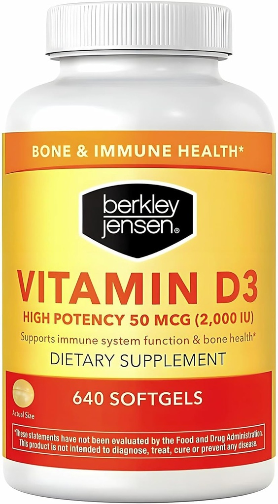 Berkley Jensen High Potency Vitamin D3 2000IU (50 mcg) (640 Softgels), Dietní dodatek pro zuby, svaly, imunitní funkce, a zdraví kostí, pro muže a ženy, Made in USA, 640 Day Supply