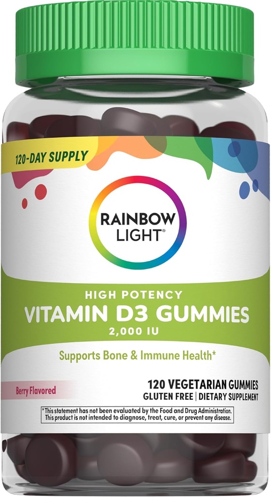 Rainbow Light Vitamin D Gummies, High potency Vitamin D3 2,000IU Imunitní podpora zdraví, Pomáhá podporovat silné kosti a zuby, gluten zdarma, Vegan, Berry, 120 Gummies