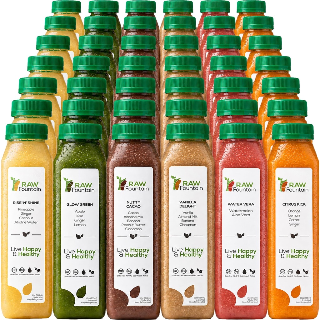 7 Day Protein Juice Cleanse by Raw Fountain, All Natural Raw Detox Cleanse, Cold Pressed Fruits, Zelenina, Vanilla a Čokoláda Flavor, Chuť a Energizing, 42 Lahve 12oz, 3 Ginger Shots