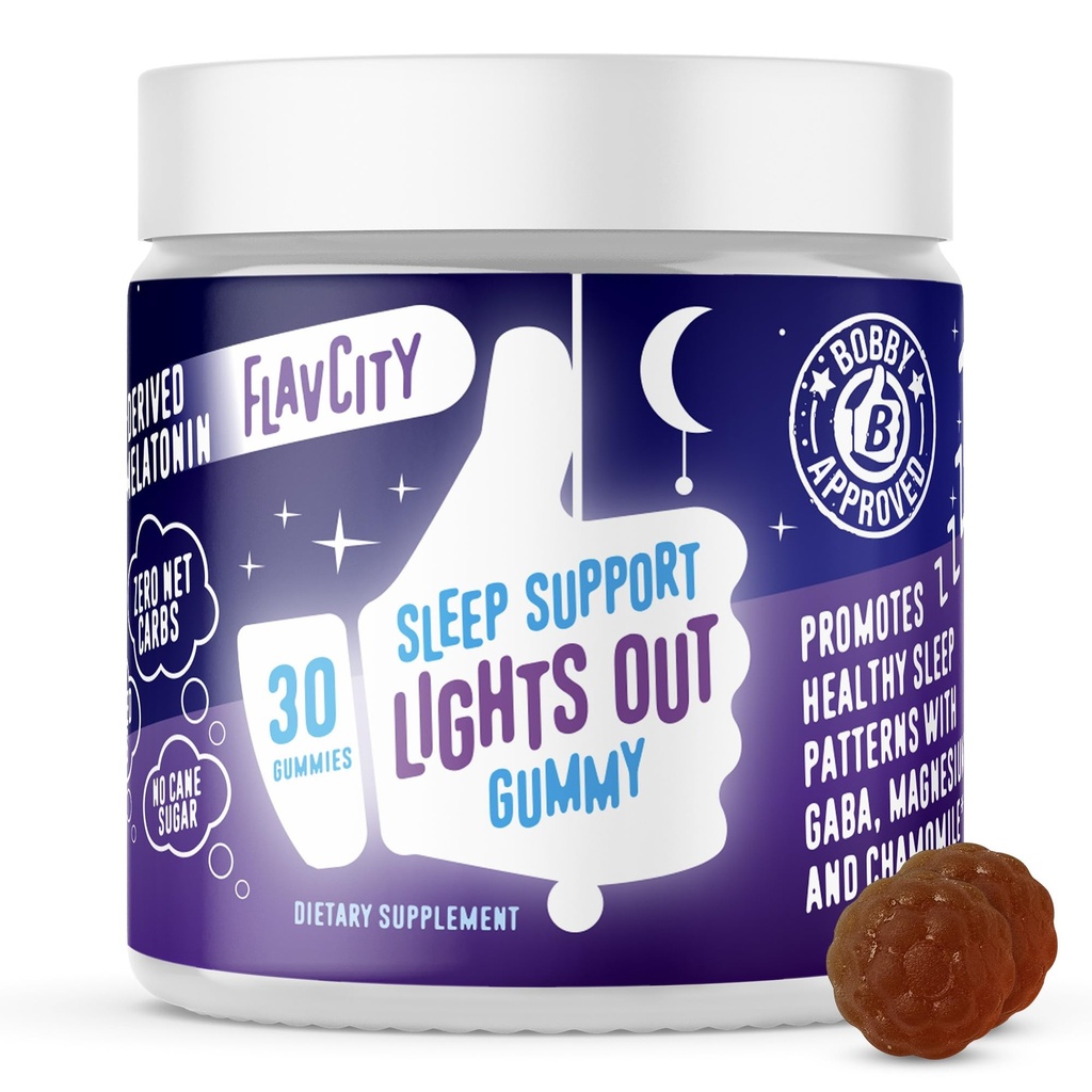 FlavCity Melatonin Spící gumy pro dospělé, Světla ven Gummy - Žvýkací Spící Supplement s Plant- based GABA, Magnesium & Heřmánek pro hluboké a klidné lůžko, 30- denní zásobování