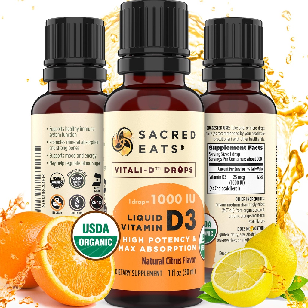Organic Liquid Vitamin D Kapky pro děti a dospělé, Cukr zdarma. Snadné použití 1000 IU / kapka v Coconut MCT Oil. Trvalé měsíce, Nejlepší pro vysoké dávky. Max Absorpce VIT D3 dodatek. Velká chuť (Citrus)