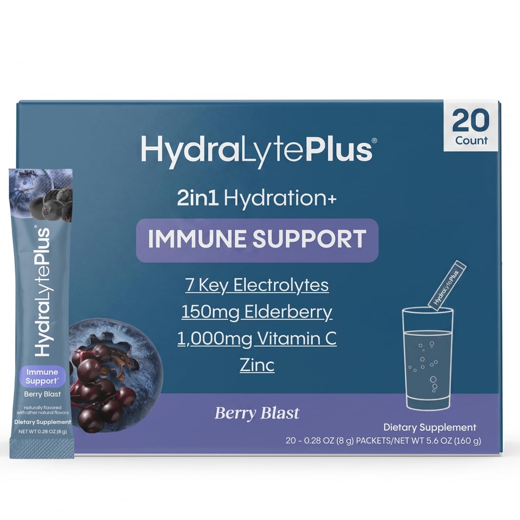 Hydralite Electrolytes Plus Imunity, Elderberry - Nízký cukr Rapid Rehydratační prášek - Lehké jiskření Electrolyte Powder Packets s 1.000mg vitaminu C a 300 mg Elderberry (8oz Serve, 20 Počet)