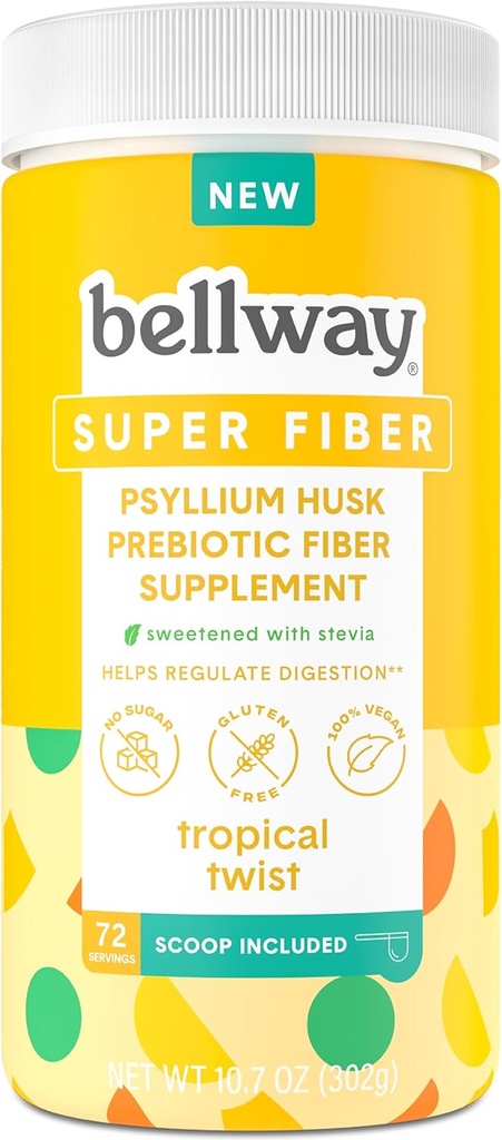 Bellway Super Fiber dodatek Powder - Psylium Husk Powder, Sugar Free, Vegan, gluten Free, Tropical Twist, 72 Služeb
