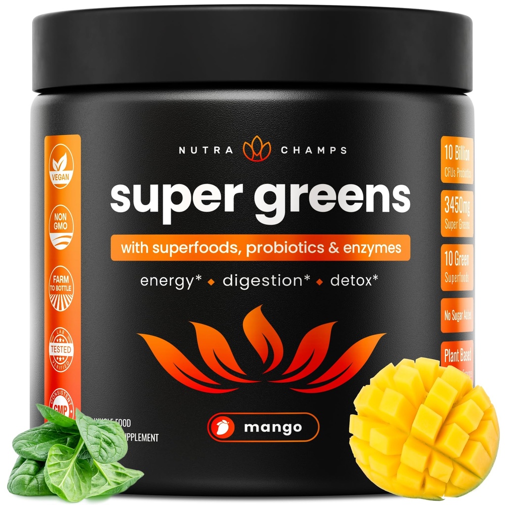 NutraChamps Super Greens Powder Premium Superfood 124; 20 + Organic Green Veggie Whole Foods CLAS124; Wheat Grass, Spirulina, Chlorella CLAS124; Antioxidant, Digestive Enzyme & Probiotic Blends (9.0 OZ, Mango)
