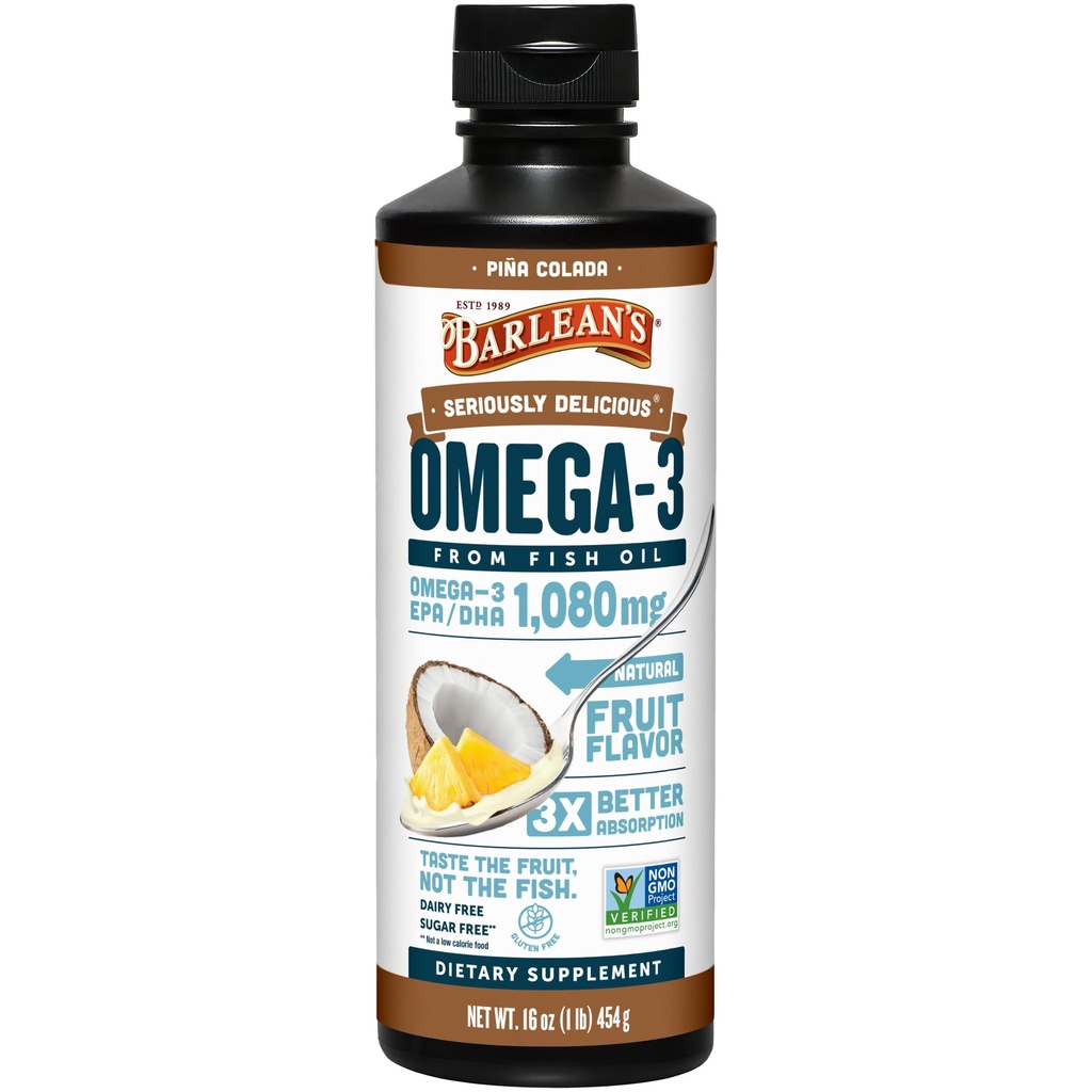 Barlean Omega 3 Rybí olej tekutý dodatek pro muže a ženy, Pina Colada, 1080mg EPA a DHA Fatty Acid, 16 oz