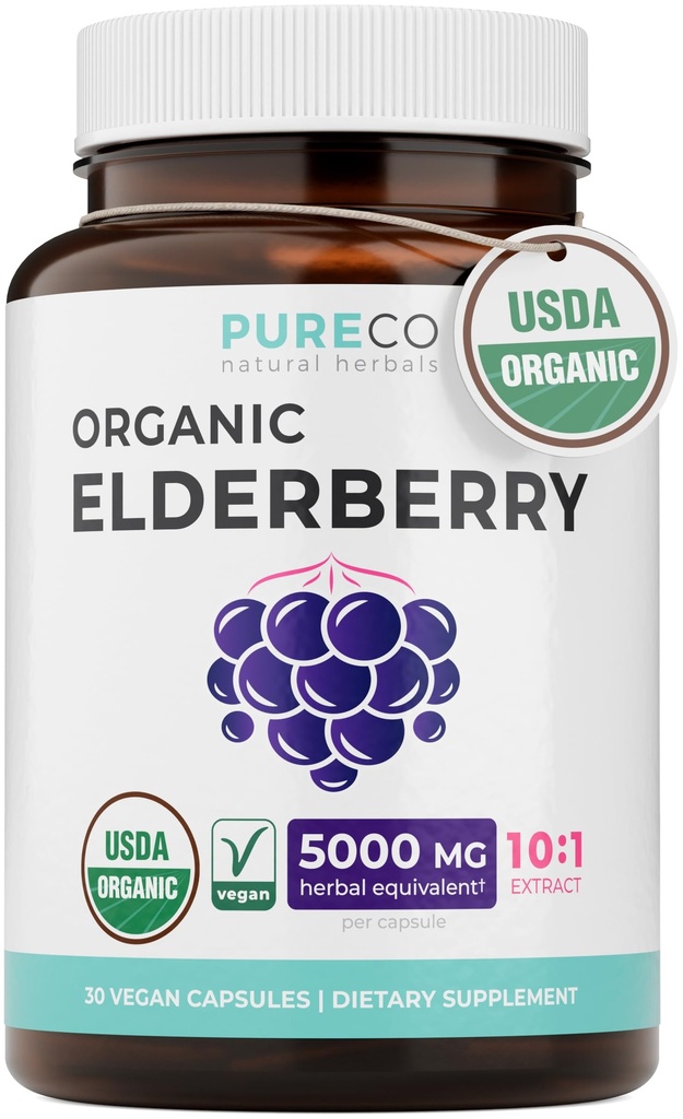 Organické Elderberry Kapsle - 10: 1 Extract Rovnice 5,000mg čerstvých Elderberry (Vegan) pro imunitní podporu, Alergie, Sinus Relief - Sambucus Nigra - Black Elderberry - 30 Caps (Žádné pilulky nebo žvýkačky)