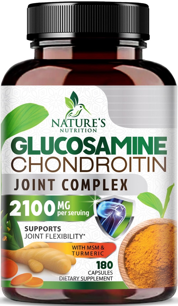 Glucosamine Chondroitin MSM 2100mg Complex - Dodatek pro společnou podporu pro společnou mobilitu a pohodlí pro muže a ženy s turmerickou & boswellia, Triple Strength Glucosamine doplňky - 180 Kapsle
