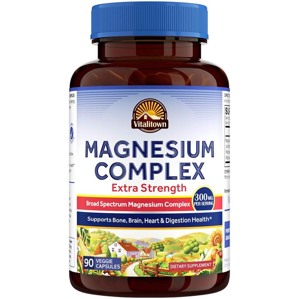 Vitalitown Magnesium Complex Dodatek 124; 300mg Elemental Mag Short124; Magnesium Citrát Glycinát Taurát Malate Small 124; Non- GMO, No Gluten, 90 Vegan Magnesio Kapsle pro Bone Brain Heart