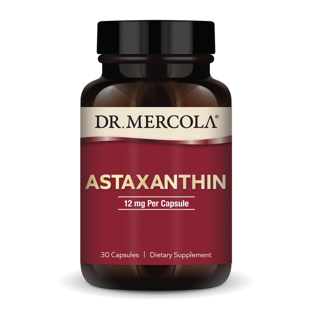 Dr. Mercola Organic Astaxanthin - 12 mg Astaxanthin - Výkonná antioxidant Support - Organic Microalgae Extract - Non- GMO, Gluten- Free & Soy- Free - 30 Kapsle (30 Služení)