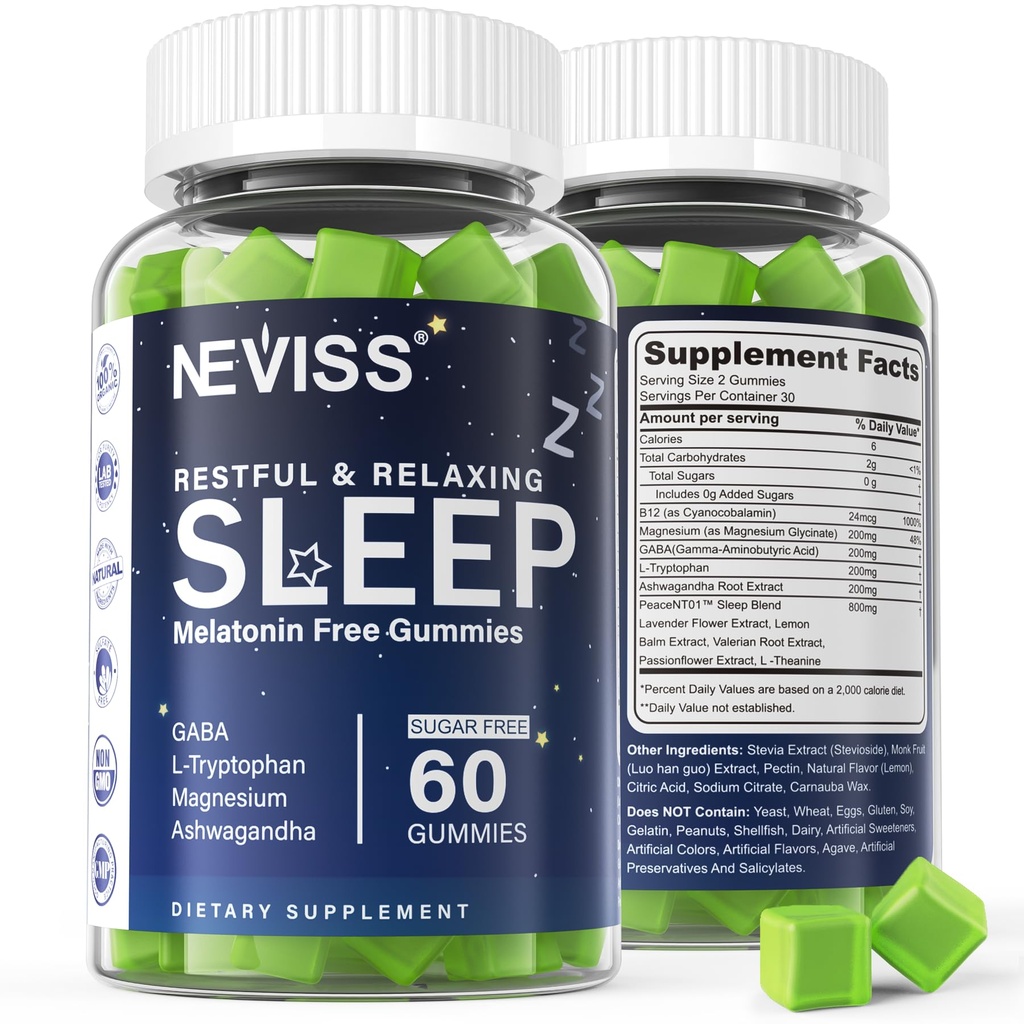 NEVISS Melatonin zdarma spánkové gumy pro dospělé - hořčík Glycinátové gumy 124; GABA, L-tryptofan, hořčík, Ashwagandha - Non-Habit Forming, Nápověda pro hluboké relaxace - Vegan, Lemon Flavor, 1Pack