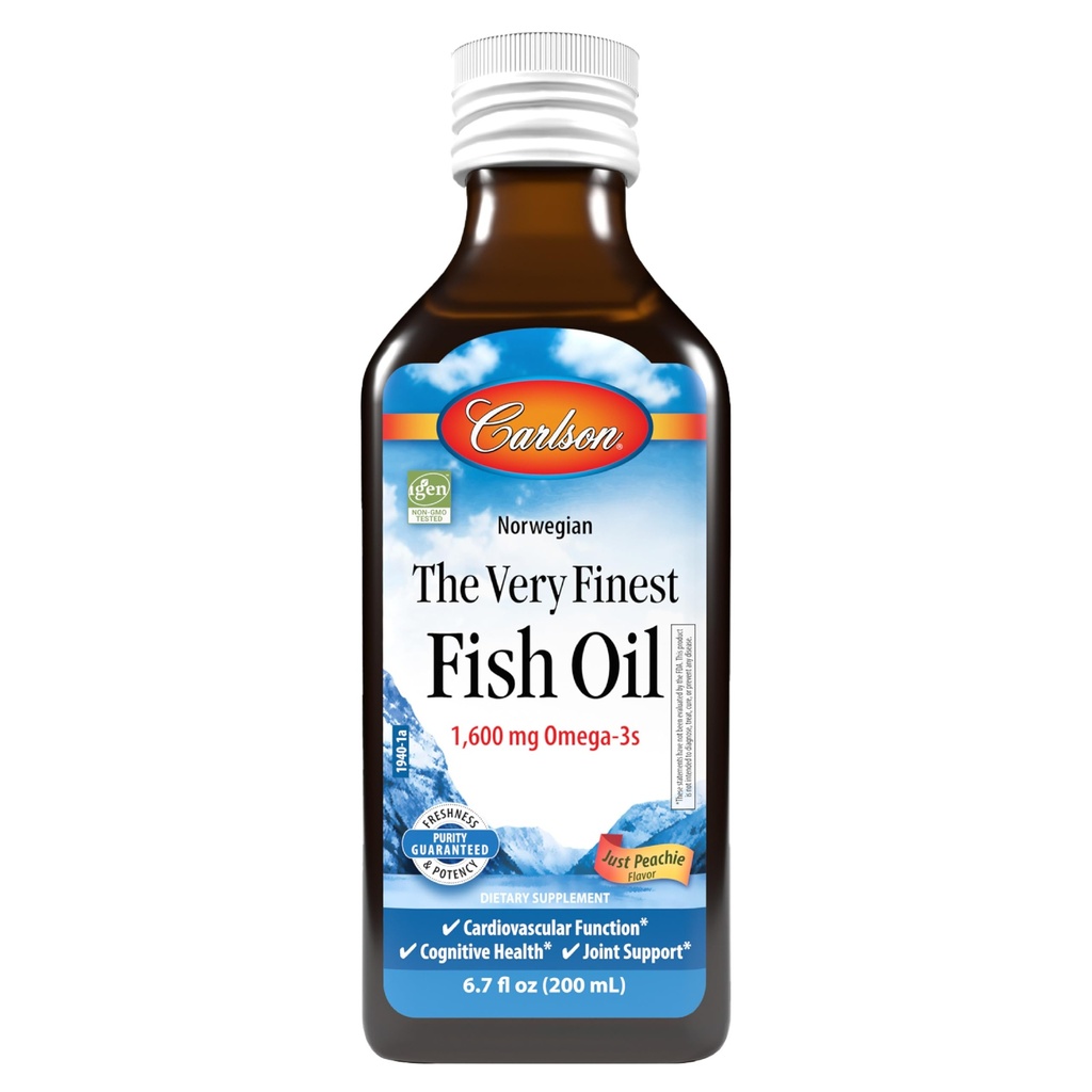 Carlson - Nejjemnější rybí olej, 1600 mg Omega-3s, dodatek k tekutému rybímu oleji, norský rybí olej, Wild- catched, Udržitelně sourced fish oil liquid, Just Peachie, 200 ml (6.7 Fl Oz)