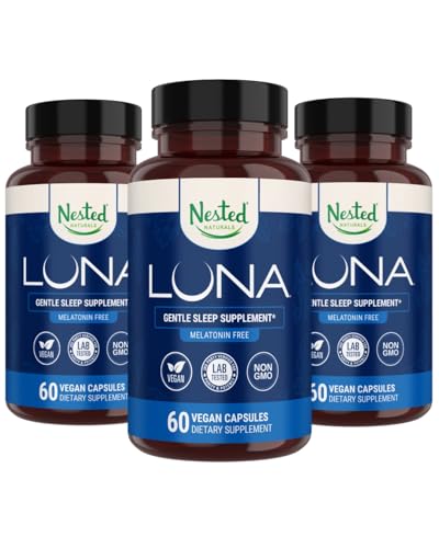 Nested Naturals Luna Melatonin zdarma, Non- Habit Forming Bylinné spánkové doplňky w / Heřmánek, Valerian, L- Theanine, 180 Vegan Kapsle (60 Kapsle per Bottle)