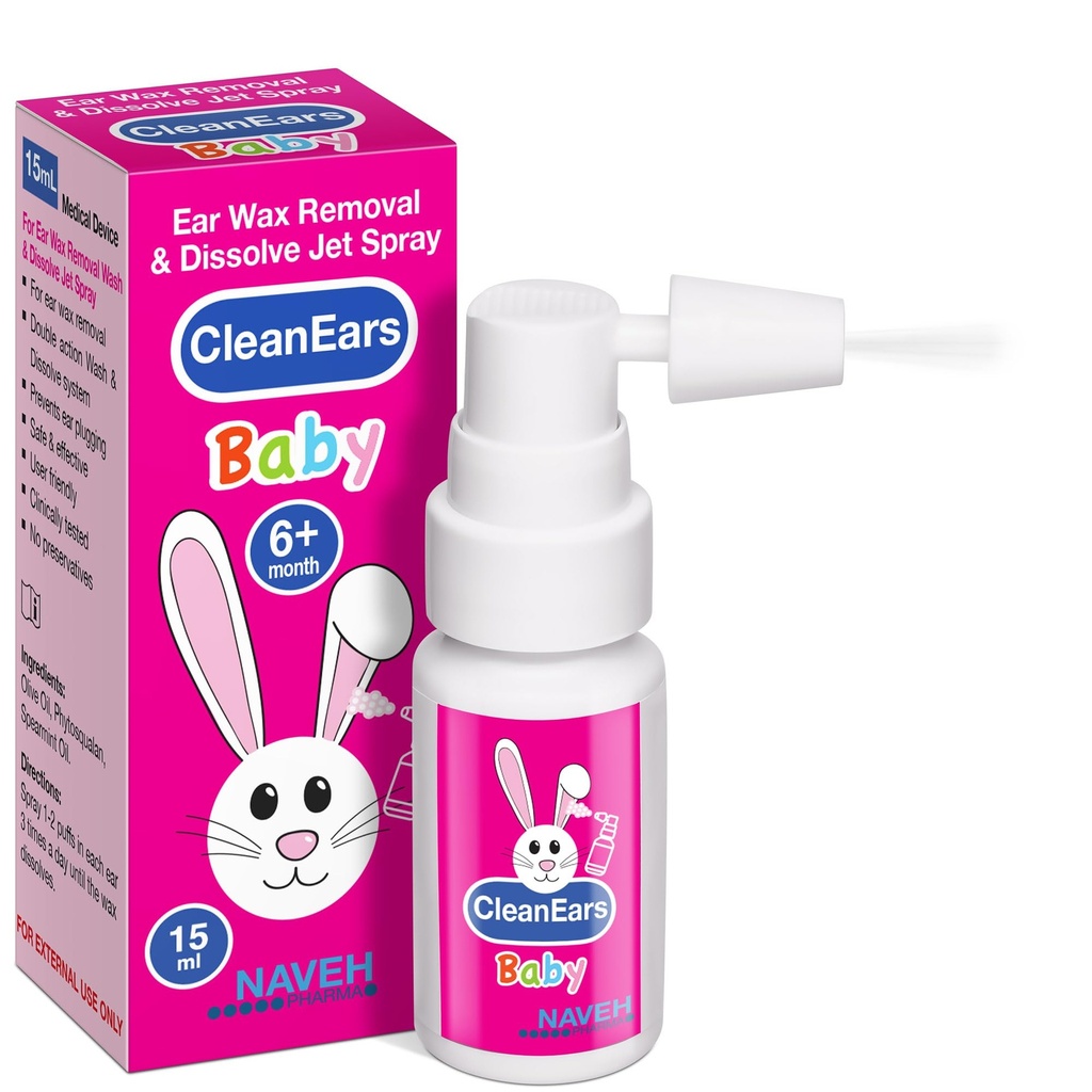 NAVEH PHARMA ® Clean Ears Baby CLANE124; Fast- acting Uar Wax Remoted Spray CLANE124; Breaks Down & Dissolves Earwax in Just 1 Treatment CLANE124; Klinicky prokázáno, že 300% účinnější 124; Mineral Oil, Gentle & Safe CLANER 124; 0.5 OZ