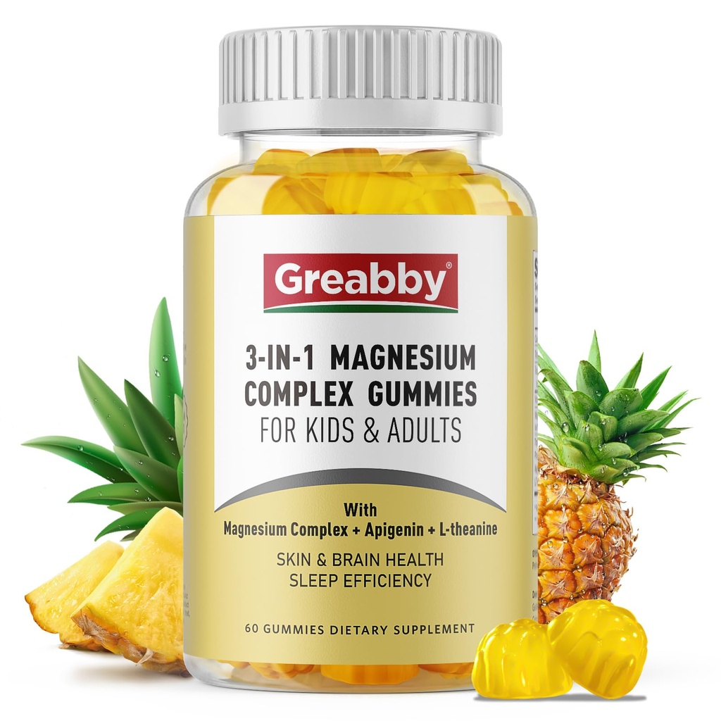 Triple Magnesium Complex Gummies - 800mg Magnesium Glycinate & Citrát, Apigenin & L- Theanin, pro děti a dospělé, přirozeně spánkové a svalové křeče (60 Počet)