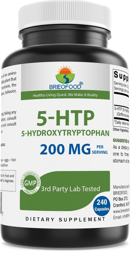 Brieofood 5-HTP 200mg per Serving - 240 Kapsle - 5-Hydroxytryptofan pro zdravou relaxaci - 3. strana Lab Tested