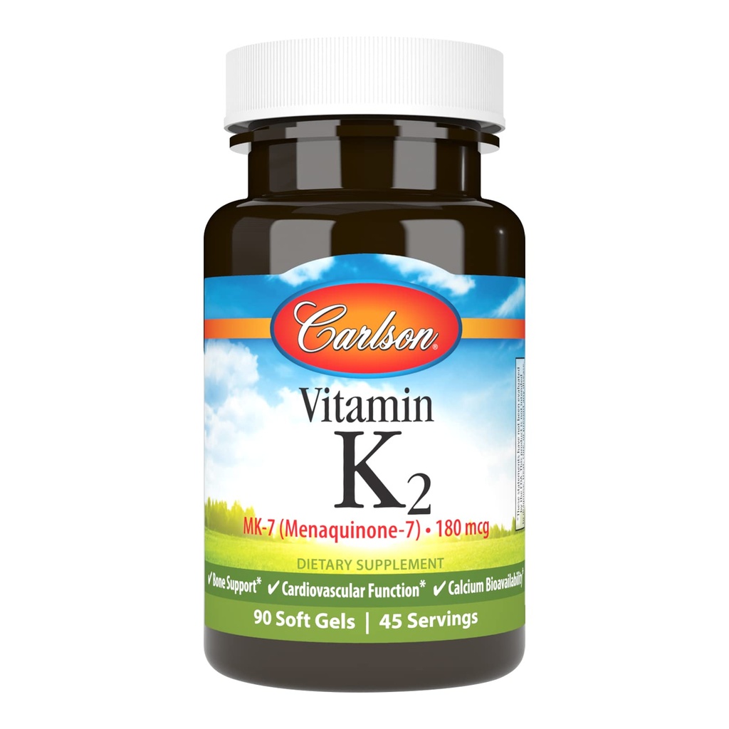 Carlson - Vitamin K2 MK-7 (Menachinon), 180 mcg, Kostní podpora, Biologická dostupnost vápníku, K2 Vitamin, Vitamin K-2, 90 Softgels