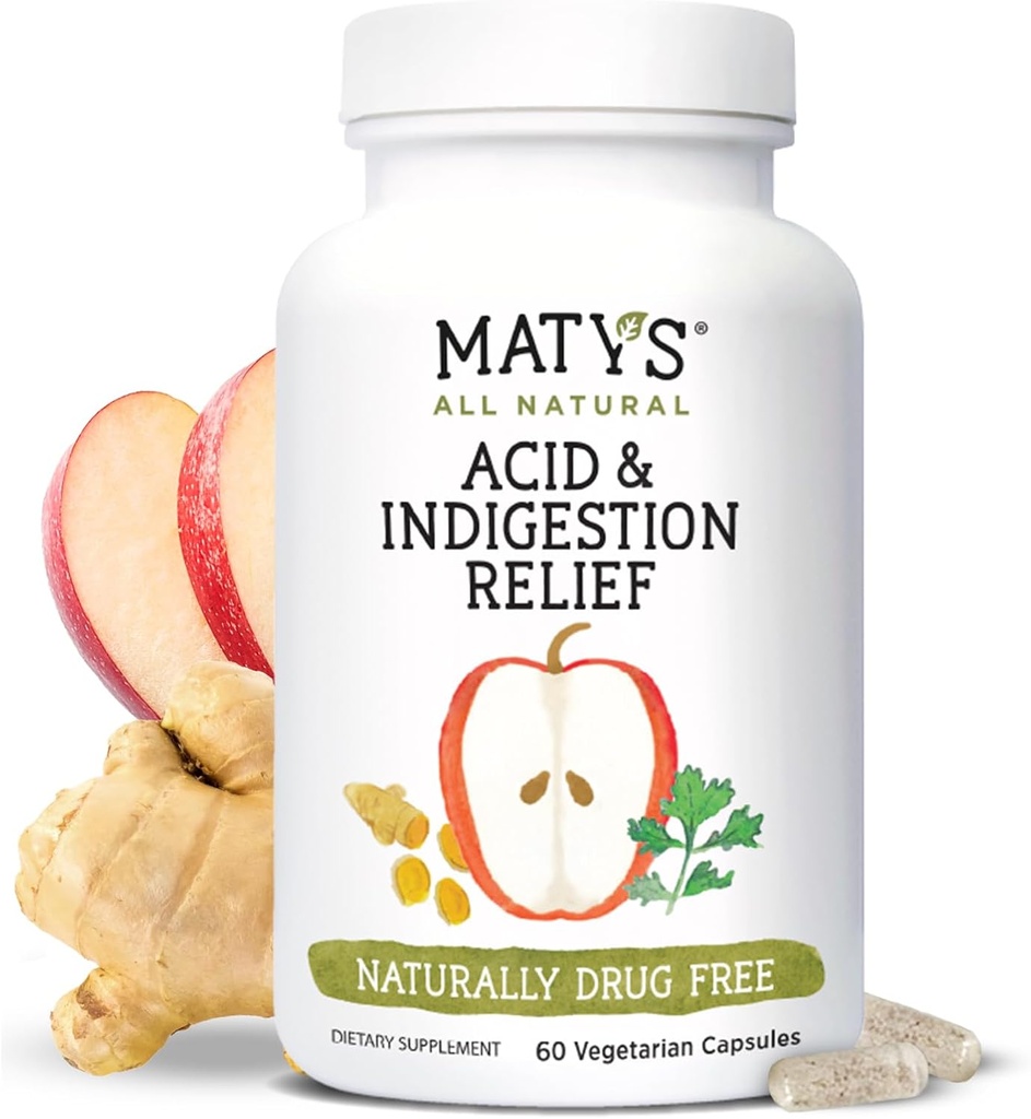 Matys Acid & Indigestion Relief Kapsle, Bezpečné Antacid Alternative for Occasional Acid Reflux & Heartburn, Vyrobeno s jablečným octem, Soy & Gluten zdarma Vegetariánské kapsle, 60 Počet, 30 Služeb