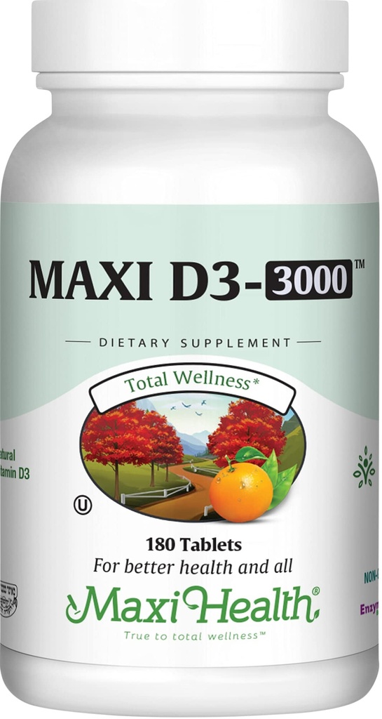 Maxi Health Vitamin D3 3000 IU 75 mcg vitamin D dodatek pro zdravé kosti, zuby, imunitní podpora - VIT D3 dodatek Snadné spolknutí Non- GMO, dodatek pro muže a ženy - Kosher (180 tablet)