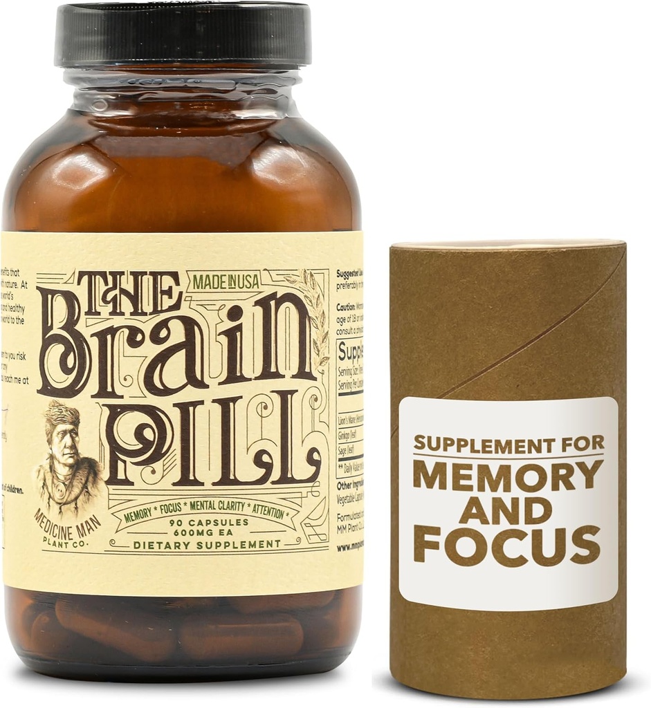 Brain Pill 90 Kapsle - Organic Brain Booster Supplement - Paměťové pilulky pro mozek w / Ginkgo Biloba Kapsle, Lví hříva & Sage - Mozek Booster Supplement for Focus, Paměť, Clarity, Energie