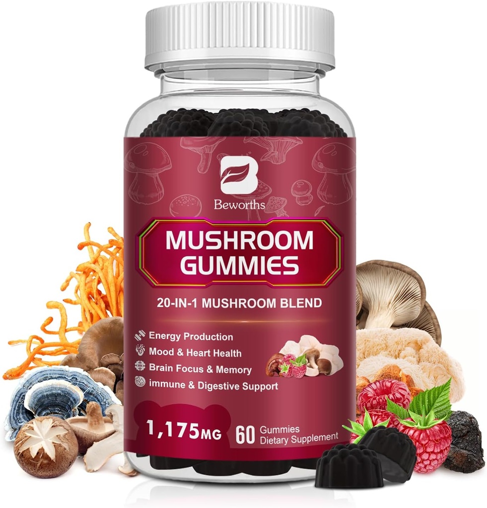 Houbové žumpy, 20 v 1 Lví hříva Houba Komplexní dodatek s Reishi, Chaga, Cordyceps & Více pro dospělé, Podpora mozku, Zaostření, Kognitivní a imunitní zdraví, Vegan, Malina Flavor, 60 Počet