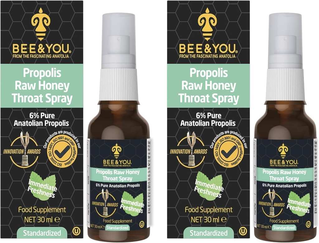 Bee and You Raw Honey Throat Spray, 100% čistý Extract Propolis, Imunitní podpora, Sore Throat & Congestion Relief, Oral Health, Antioxidants, Natural, Keto, Paleo, gluten-Free Oz (balení po 2)