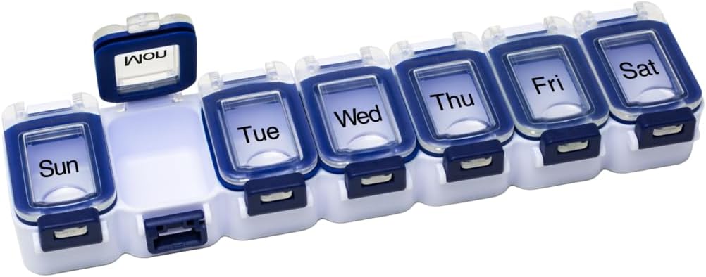 EZY DOSE Weekly (7- Day) Planner pilulky, Medicine Case, Vitamin Organizer Box, Vodotěsné zamykací jednotky pro bezpečné předepisování léky a zabránit náhodnému rozlití, modrá