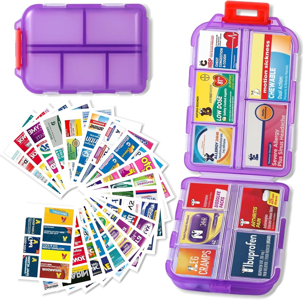 Pořadatel pilulek s etiketami Medicine Travel Daily Pill Container Mini Medication Pořadatel Storage Pill Pořadatel Travel Essentials Pill Case 7 Day (Purple & 161 Lables)
