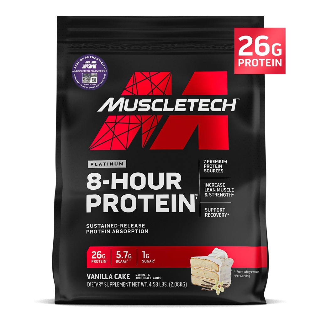 MuscleTech Platinum 8- hodinový proteinový prášek - 7 Premium zdroje bílkovin s syrovátkou a kaseinovým proteinem pro zvýšení svalové hmoty, síla a lepší zotavení - Vanilla Cake, 50 Služeb