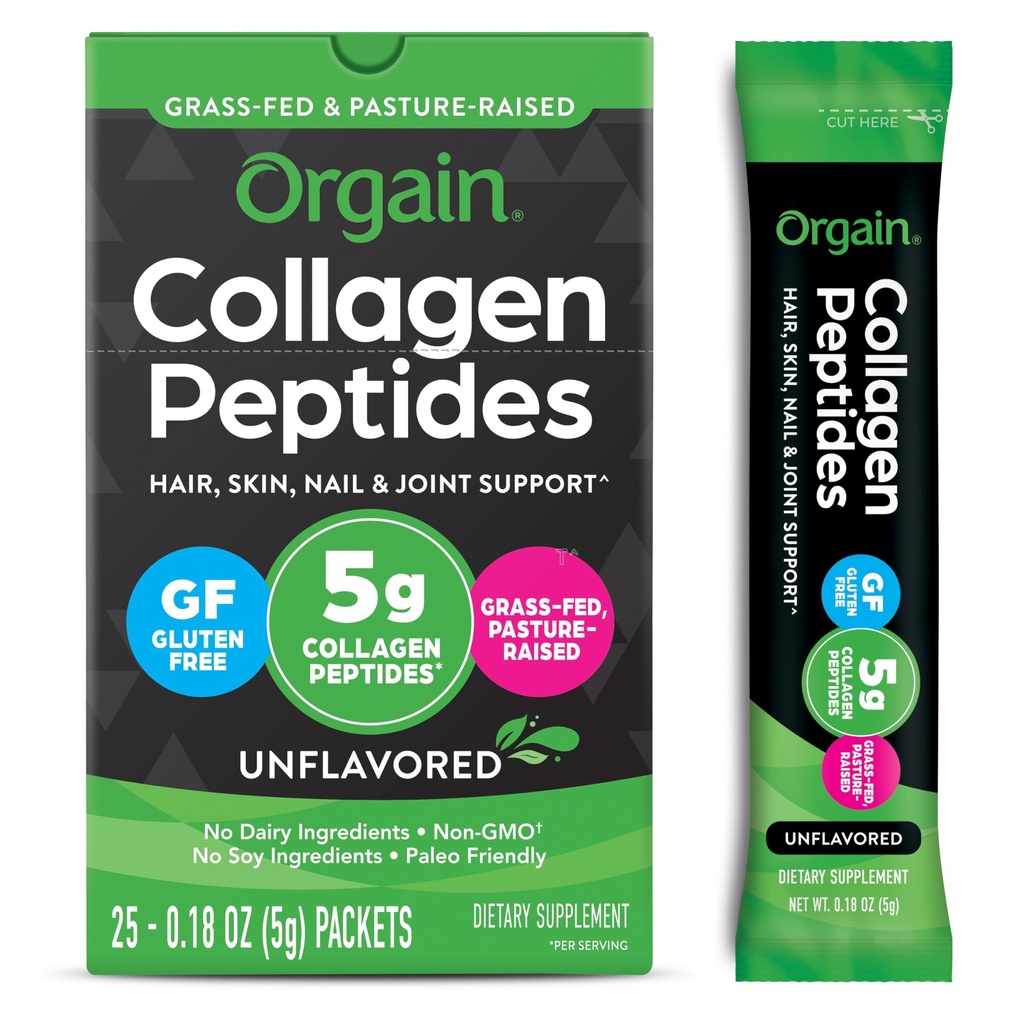 Orgain Hydrolyzované Kolagen Peptides Cestovní pakety pro ženy a muže - 5g Tráva Fed Kolagen per Serving, Vlasy, Kůže, hřebík a společná podpora Dodatek, Non- GMO, Typ I & III - Neochucené (25 Počet)